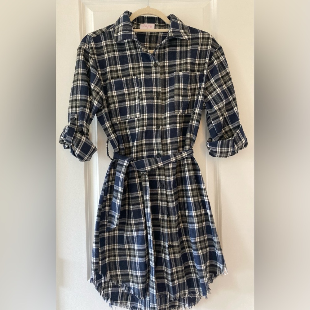 Pink lily Krista Horton (Hortwin line) navy plaid shirt dress